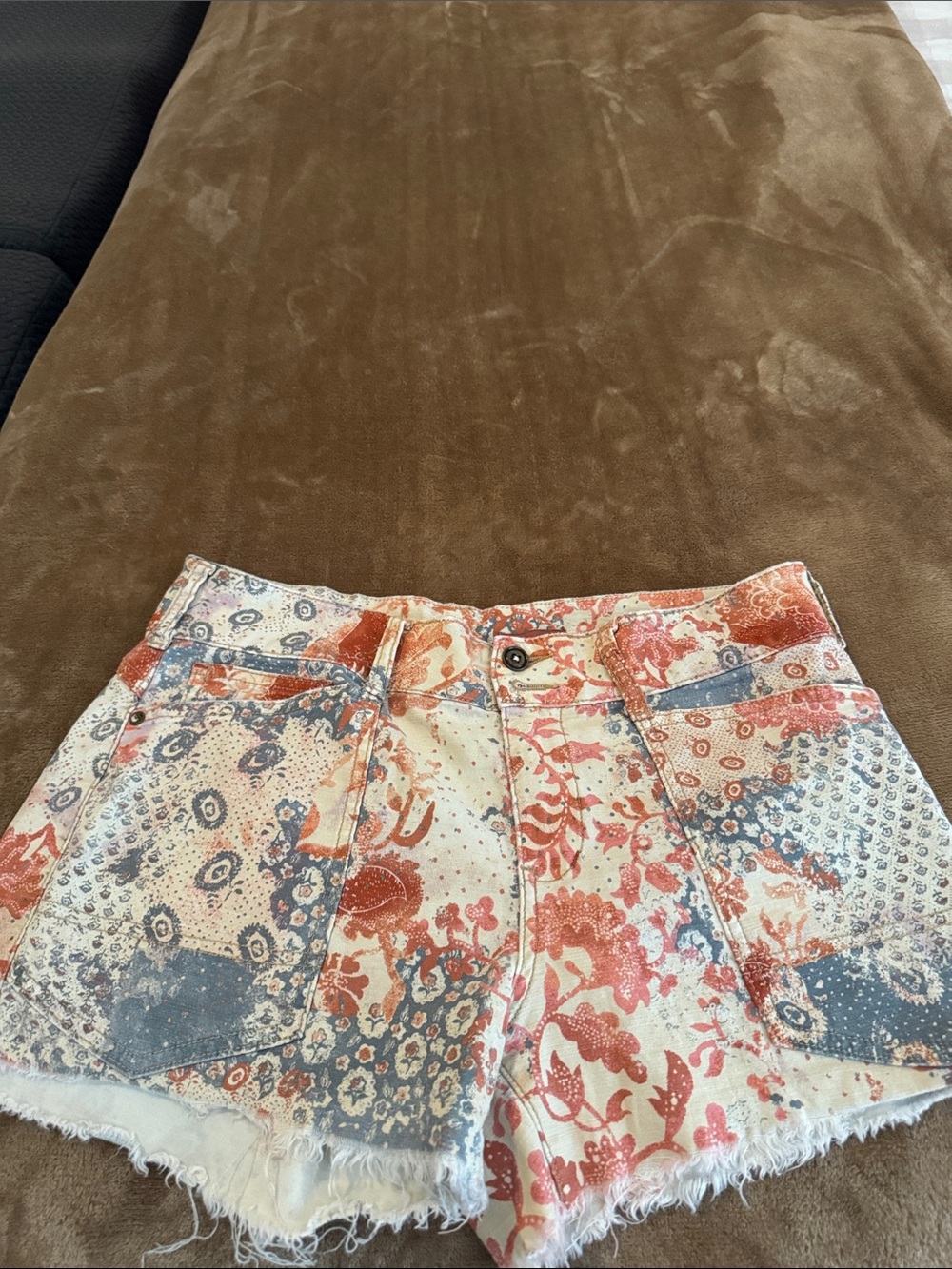 Anthropologie Coral and Blue Floral Patchwork Denim Shorts